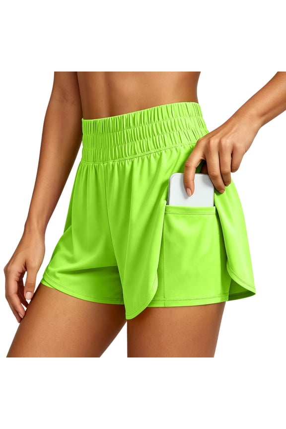 Women's High Waisted Running Shorts, 2-in-1 Quick Dry Workout Shorts with Pockets, Breathable Athletic Shorts for Yoga Gym Training & Summer Sports(Green/S)