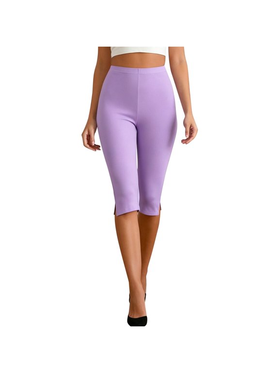 Women's High Waisted Yoga Pants - Knee Length Side Slit Capri Leggings, Stretchy Casual Workout & Everyday Wear(Purple/XXL)