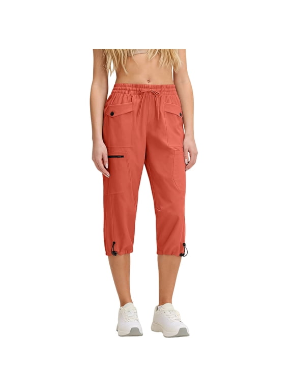 Women's Hiking Capris Pants Quick Dry Drawstring Travel Joggers Lightweight Casual Crop Cargo Pants with Pockets for Outdoor,2XL,Orange