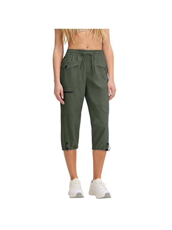 Women's Hiking Capris Pants Quick Dry Drawstring Travel Joggers Lightweight Casual Crop Cargo Pants with Pockets for Outdoor,S,Army Green