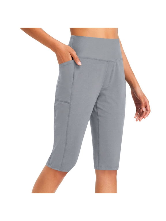 Women's Knee Length Capri Leggings with Pockets High Waisted Workout Running Yoga Capris Pants Gym Clothes for Women,2XL,Gray