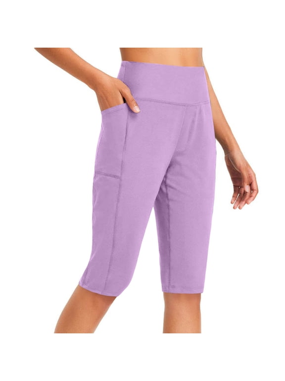 Women's Knee Length Capri Leggings with Pockets High Waisted Workout Running Yoga Capris Pants Gym Clothes for Women,L,Purple