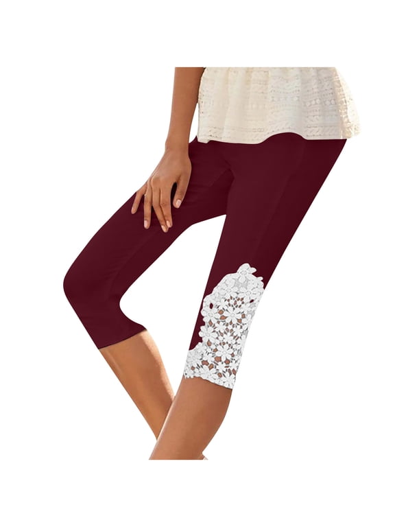 Women's Lace Capri Leggings Stretch Ladies Crop Leggings Soft Workout Yoga Tights Pants for Summer,2XL,