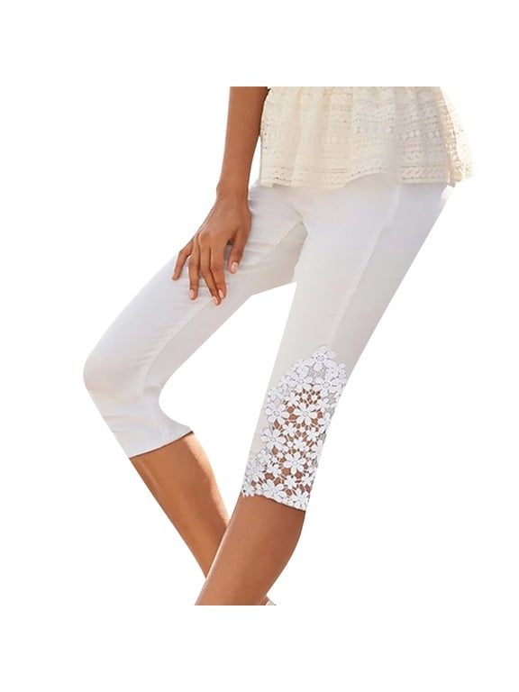 Women's Lace Trim Capri Leggings Stretch Ladies Crop Leggings Soft Workout Yoga Tights Pants for Summer,M,White