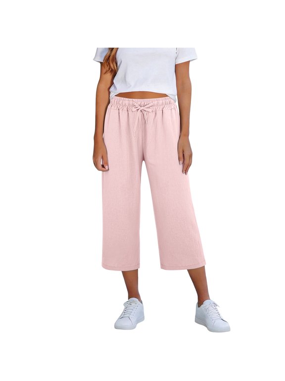 Women's Linen Capri Pants, Elastic Drawstring Waist Wide Leg Cropped Trousers with Pockets, Casual Summer Lounge & Work Pants(Pink/XXXXL)