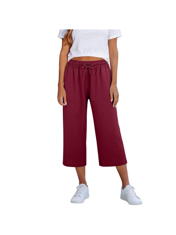 Women's Linen Capri Pants, Elastic Drawstring Waist Wide Leg Cropped Trousers with Pockets, Casual Summer Lounge & Work Pants(/XXXXL)