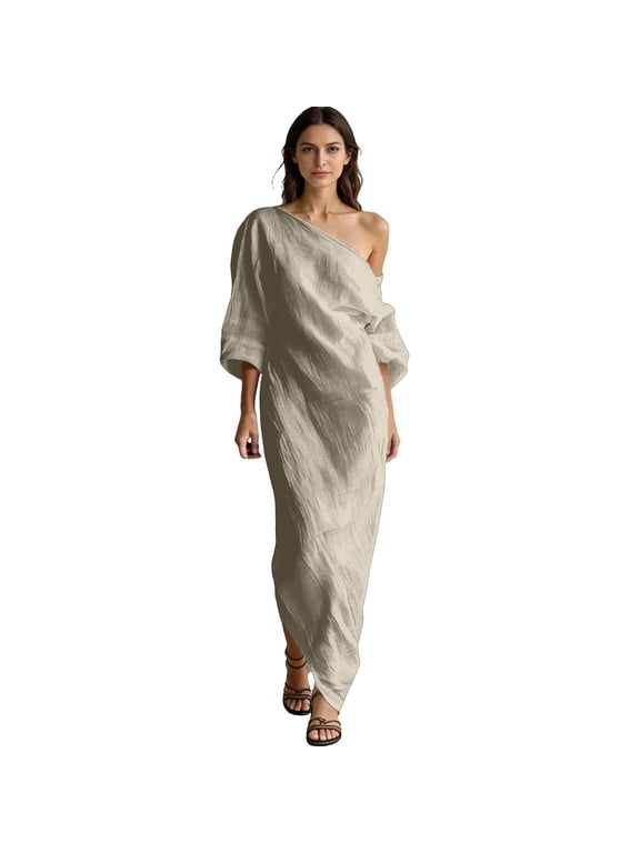 Women's Linen One Shoulder Maxi Dress, Batwing Sleeve Asymmetrical Hem Flowy Long Dress, Casual Summer Dresses for Beach, Vacation & Daily Wear(Khaki/L)