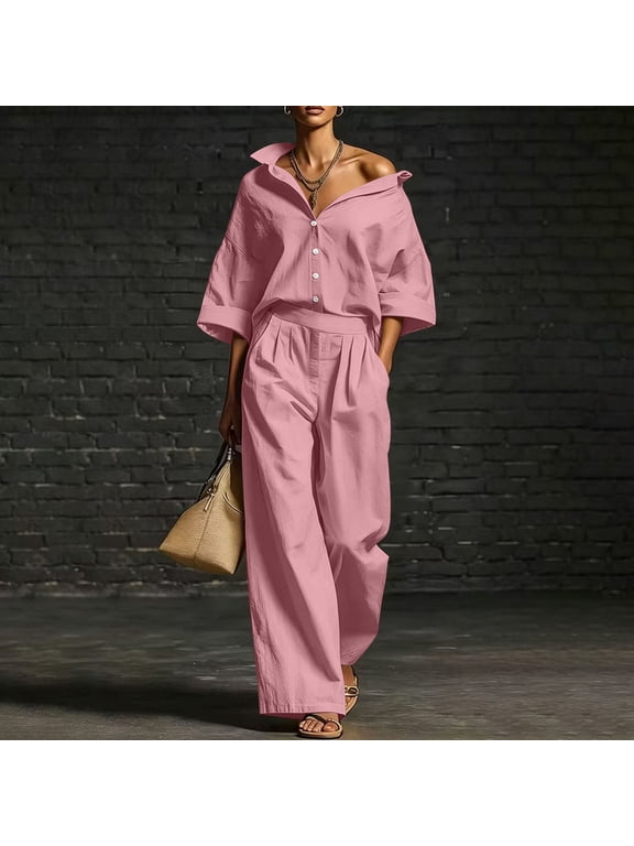 Women's Matching Tracksuit Set Women's Solid Casual 2 Piece Outfits Oversized Button Down Shirts High Waist Pleated Wide Leg Pants Loose Matching Tracksuit Set,M,Pink