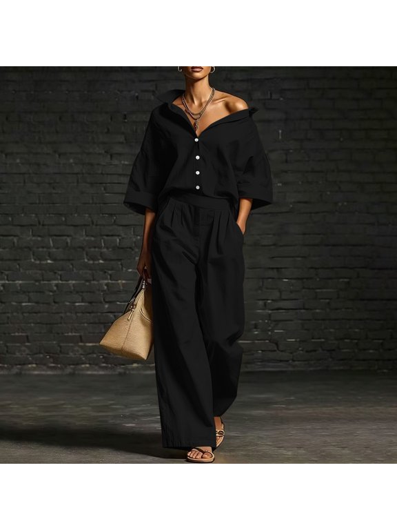 Women's Matching Tracksuit Set Women's Solid Casual 2 Piece Outfits Oversized Button Down Shirts High Waist Pleated Wide Leg Pants Loose Matching Tracksuit Set,XL,Black