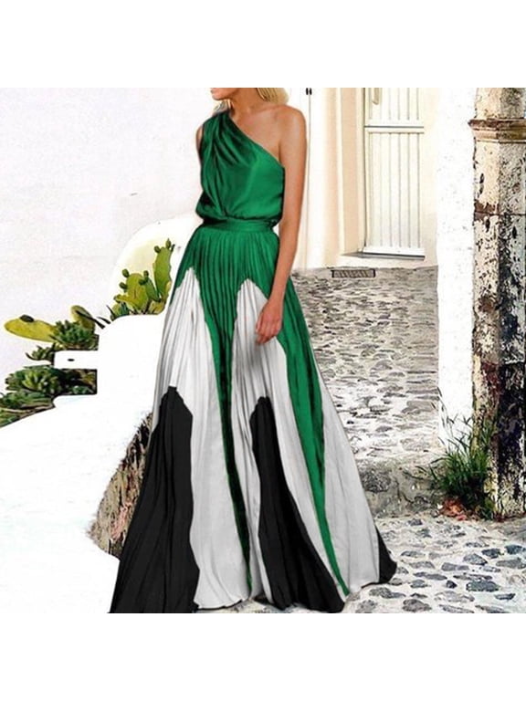 Women's One Shoulder Sleeveless Patchwork Color Pleated Maxi Dress Beach Long Dress Elegant Party Cocktail Formal Prom Dresses,XXL,Mint Green