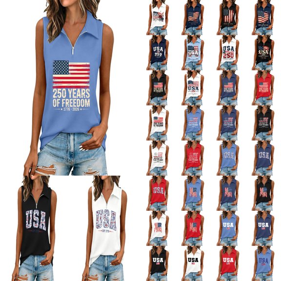 Y-Sunset Women's Patriotic Flag Sleeveless Zip Collar Tank Top, USA Graphic Casual Shirt for 4th of July Summer Daily Outdoor Wear(Blue/L)