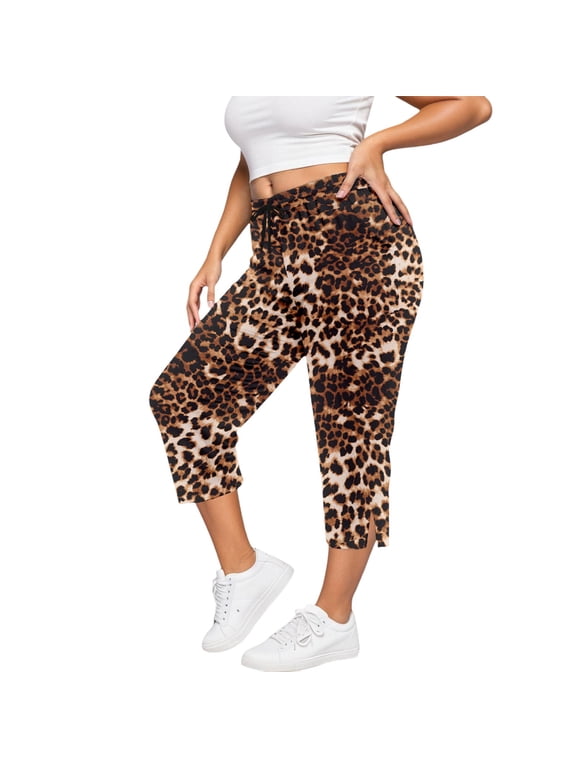 Womens Plus Size Capri Yoga Pants, Elastic Drawstring Waist Casual Stretch Trousers with Pockets, for Gym Everyday Wear(Brown/S)