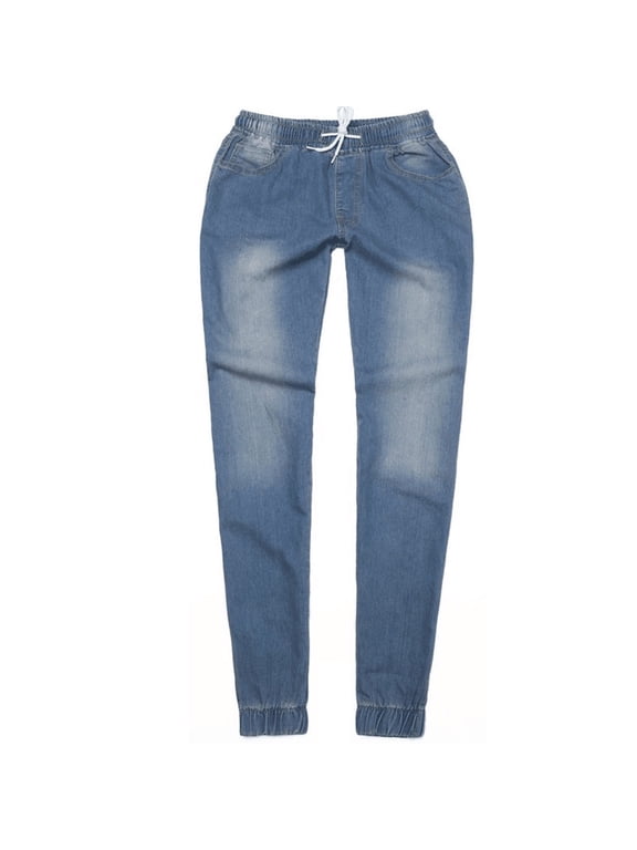 Women's Plus Size Flexible Motion Elastic Waistband Straight Leg Jean ,Low Waistband Ankle Binding Commuting Style Casual Pocket Jeans,XXXL,Light Blue