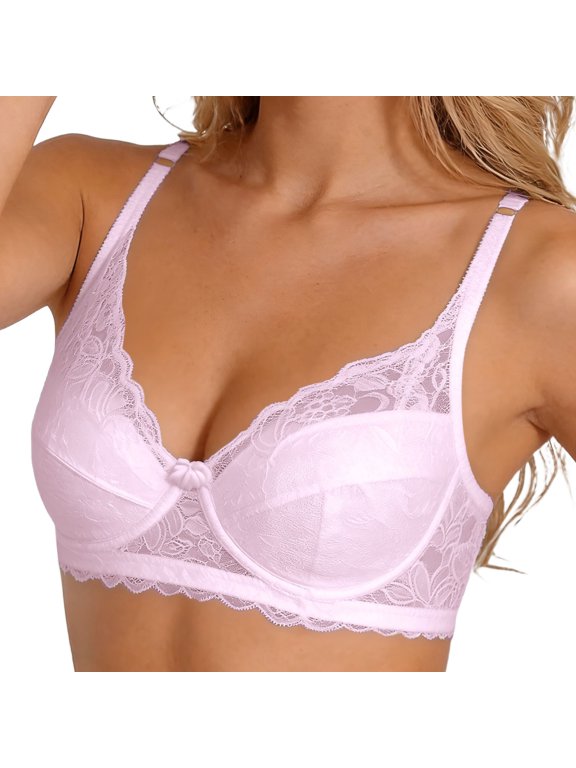 Women's Plus Size Minimizer Bra - Full Coverage Deep V Underwire, Lace Mesh, Everyday Wear for Big Bust(Pink/100D)