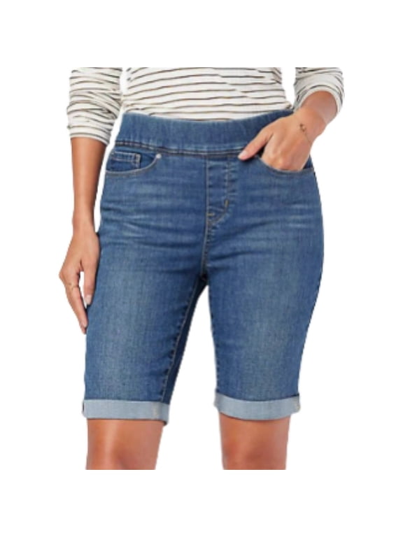 Women's Pull On Stretch Bermuda Denim Shorts, Mid Rise Roll Cuff Slim Fit Jean Capris for Summer Daily Casual Wear(Navy1/XXL)