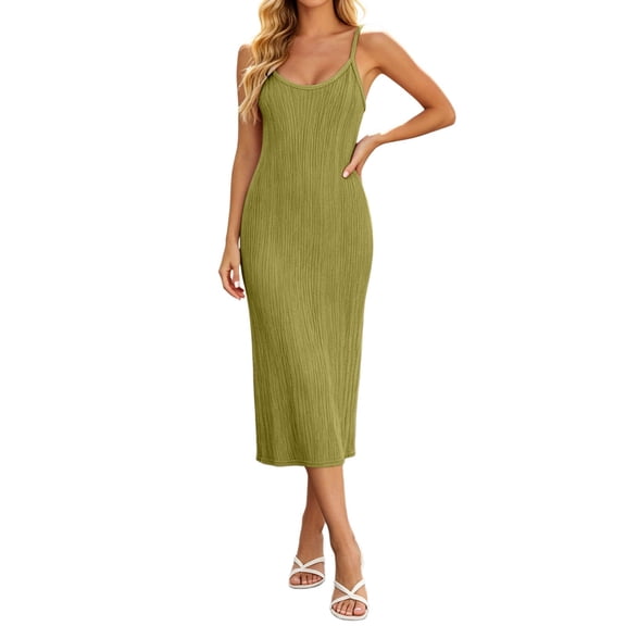 Y-Sunset Women's Ribbed Bodycon Midi Dress, Spaghetti Strap Scoop Neck Sleeveless Summer Dress, Casual Slim Fit Dresses for Beach, Vacation, Party & Daily Wear(Green/M)