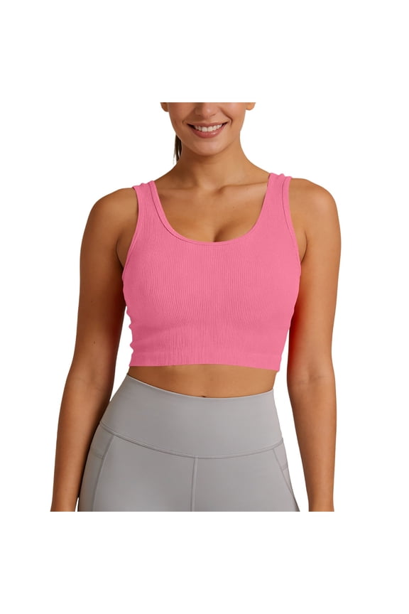 Women's Ribbed Knit Crop Tank Top, Seamless Square Neck Sleeveless Cropped Cami, Form-Fitting Workout & Casual Basic Top for Everyday Wear(Pink/M)