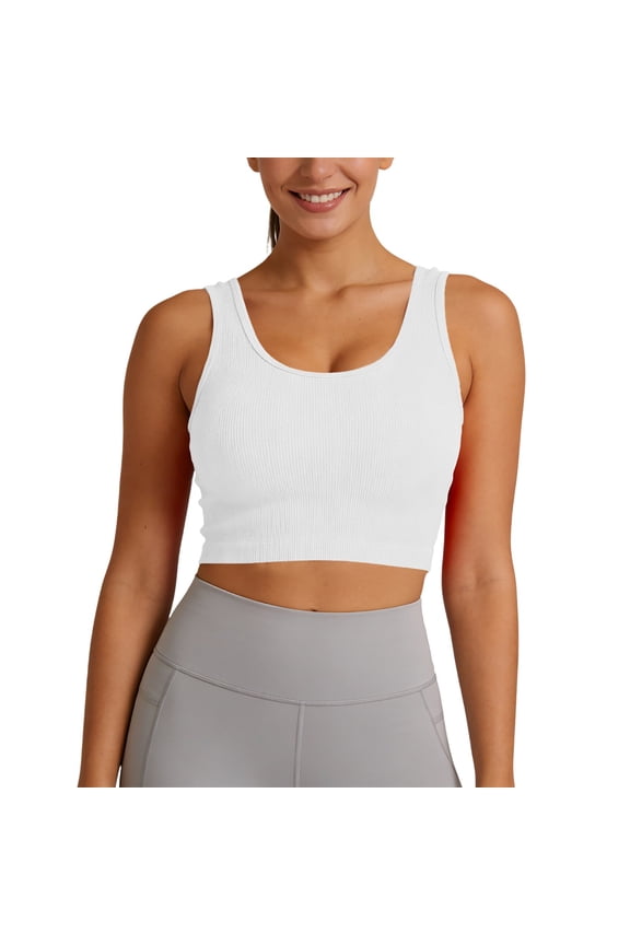 Women's Ribbed Knit Crop Tank Top, Seamless Square Neck Sleeveless Cropped Cami, Form-Fitting Workout & Casual Basic Top for Everyday Wear(White/L)