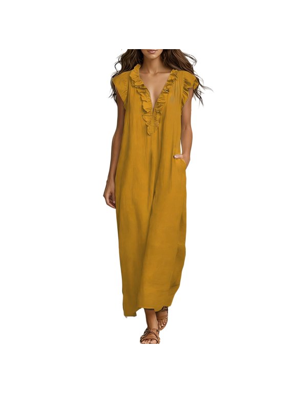 Women's Ruffle V-Neck Maxi Dress, Loose Fit Casual Long Dresses with Pockets, Summer Beach Vacation Flowy Dress for Daily Wear, Party, Resort(Yellow/S)