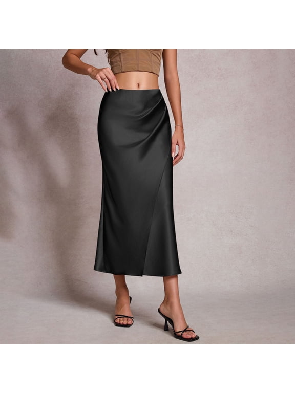 Women's Satin Maxi Skirts High Waisted Flowy Long Silk A Line Elegant Business Casual Formal Slip Skirt,L,Black