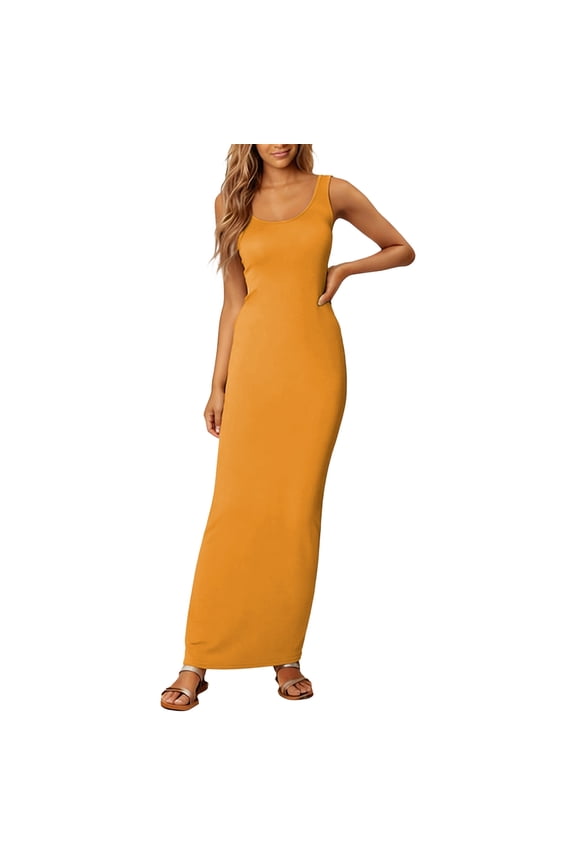 Women's Sleeveless Bodycon Maxi Dress, Scoop Neck Stretchy Tank Long Dress, Casual Summer Formal Party Dress for Daily Wear Date(Yellow/M)