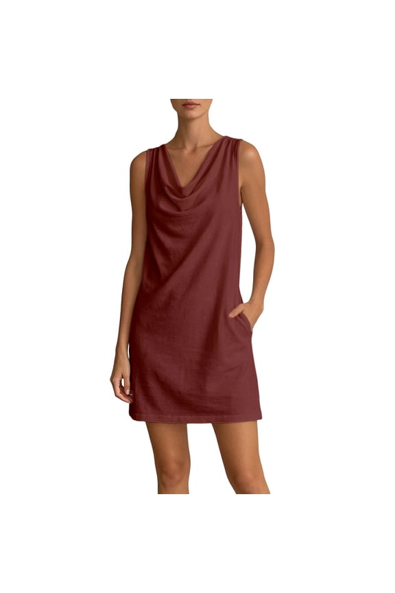Women's Sleeveless Cowl Neck Shift Dress, Casual Loose Fit Mini Dress with Pockets, Summer Tunic Dress for Women(Red/XXL)