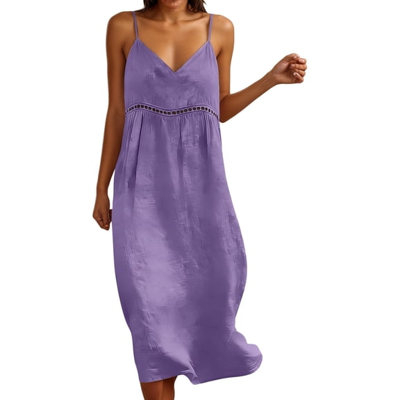 Y-Sunset Women's Spaghetti Strap Midi Dress, V Neck Eyelet Cutout Sundress, Casual Summer Beach Dress for Women (Purple/S)