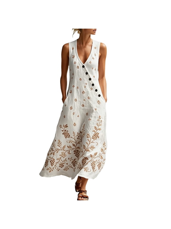 Women's Summer Cotton Maxi Dress - Casual Beach Vacation Long Sundress with Pockets V Neck Button Down Floral Italian Print(Khaki/M)