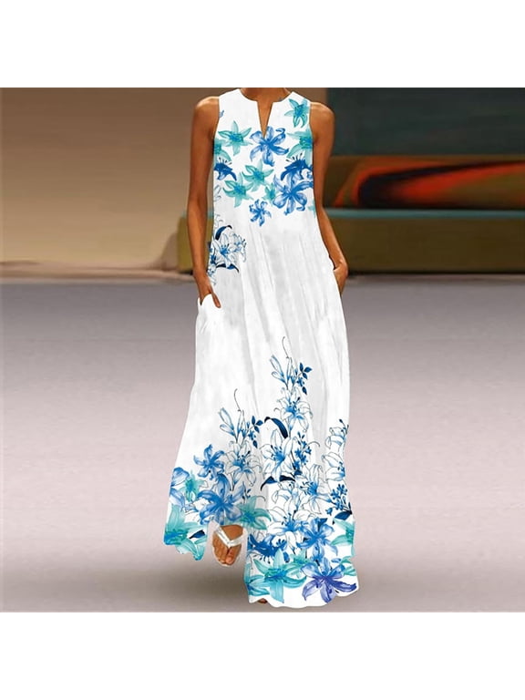 Women's Summer Maxi Dress Casual Loose Sleeveless Long Dress with Pockets Striped Floral Print Vintage V Neck Maxi Dresses Beach Colorful Plus Size,S,Light Blue