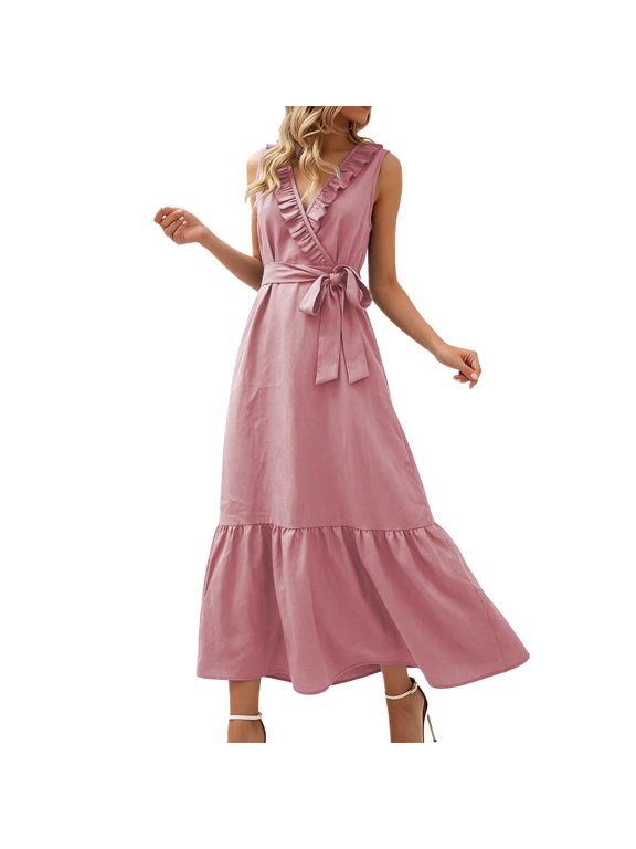 Women's V-Neck Sleeveless Maxi Dress, Ruffle Wrap Tie Waist Long Dress, Flowy Casual Summer Midi Dress for Beach, Parties & Daily Wear(Red/S)