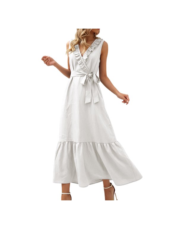 Women's V-Neck Sleeveless Maxi Dress, Ruffle Trim Wrap Tie Waist Long Dress, Flowy Casual Summer Midi Dress for Beach, Parties & Daily Wear(White/M)