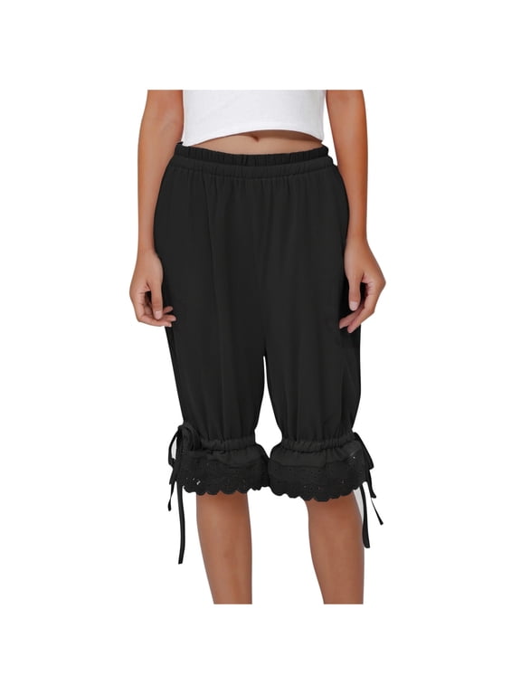 Women's Vintage Bloomers Shorts Ruffle Lace Capri Pants Comfy Elastic Waist Capris Summer Clothes,L,Black