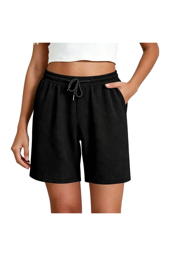 Women's Waffle Knit Sweat Shorts, 7 Inch Inseam Elastic Drawstring Waist Casual Workout Shorts with Pockets, Breathable Running Gym Lounge Shorts for Summer Daily Outdoor Wear (Black/S)