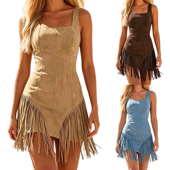 Y-Sunset Women's Western Fringe Bodycon Mini Dress, Sleeveless V-Neck Party Dress, Country Concert Outfit for Music Festivals & Summer(Khaki/L)