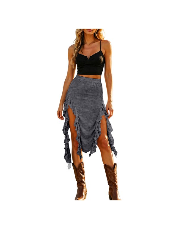 Women's Western Ruffle Asymmetrical Midi Skirt, High Low Ruffled Hem Bodycon Skirt, Elastic Waist Festival Skirt for Country Concerts & Summer(Dark Gray/XXXL)