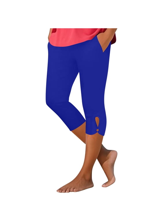 Womens Capri Leggings with Pockets Summer Capris Workout Yoga High Waisted Capri Pants Casual Pull on Lounge Cropped Tights,3XL,Blue