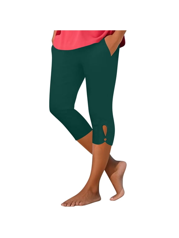 Womens Capri Leggings with Pockets Summer Capris Workout Yoga High Waisted Capri Pants Casual Pull on Lounge Cropped Tights,3XL,Green