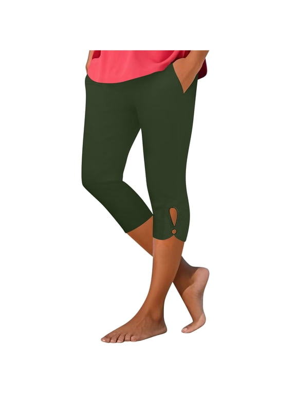 Womens Capri Leggings with Pockets Summer Capris Workout Yoga High Waisted Capri Pants Casual Pull on Lounge Cropped Tights,L,Army Green