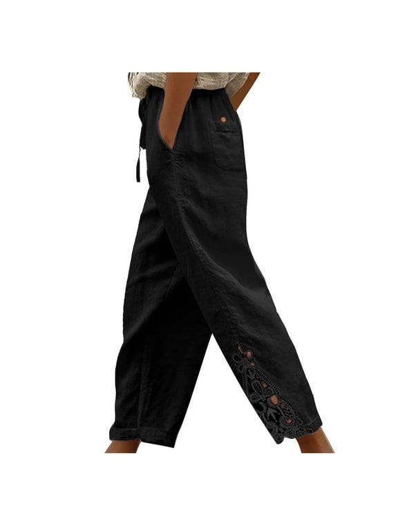 Womens Capri Pants Casual Cropped Pants Elastic Waist Summer Cotton Linen Trousers 3/4 Length Pants with Pockets,S,Black