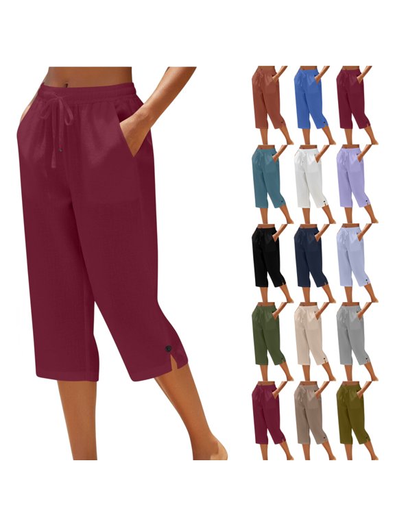 Womens Capri Pants Casual Summer Stretch Linen Button Elastic Waist Straight Pants,3XL,2-