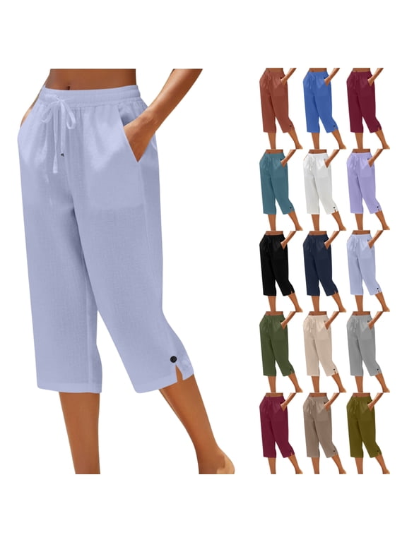 Womens Capri Pants Casual Summer Stretch Linen Button Elastic Waist Straight Pants,M,2-Light Blue