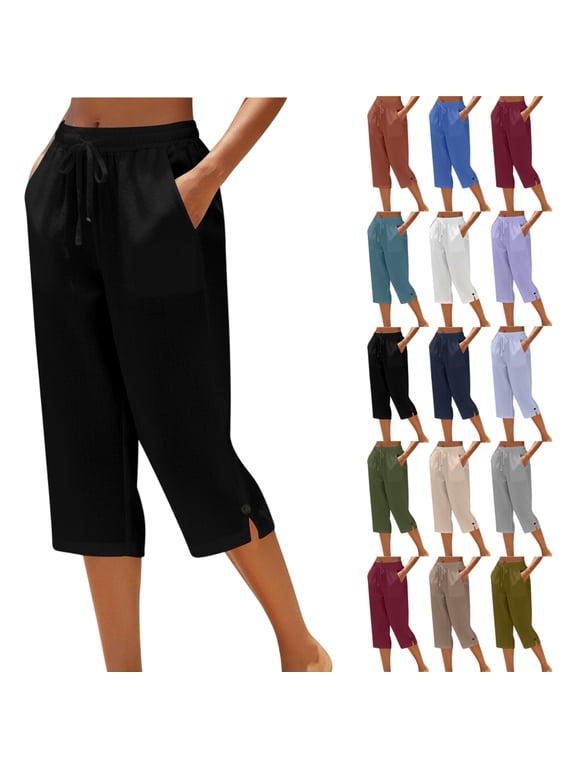 Womens Capri Pants Casual Summer Stretch Linen Button Elastic Waist Straight Pants,S,1-Black