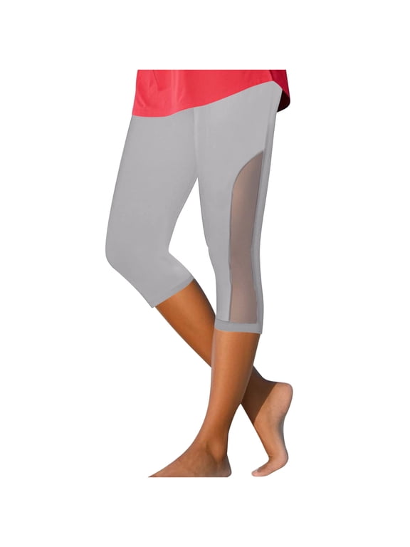 Womens Capri Pants Slim Fit Knee Length Leggings Mesh Patchwork Summer Beach Vacation Capris Workout Yoga Pants,S,Gray