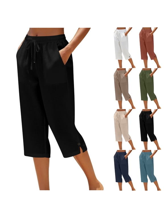 Womens Cotton Capri Pants Comfy Breathable Drawstring Hight Waist Cropped Pants Summer Causal Loose Fit Lounge Pants,3XL,Brown