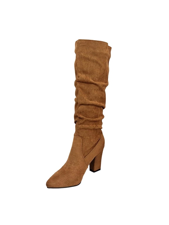 Womens Faux Suede Tall Boots Chunky Heel Pointed Toe Boots Casual Fold Knee High Booties,Brown,5.5