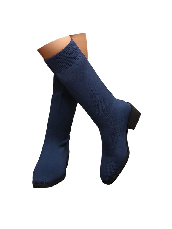 Womens Knit Mesh Mid-Calf Boots Y2k Vintage Trendy Round Toe Block Heel Straight Tall Boots Comfort Casual -on Slim Fit Booties Streetwear,Dark Blue,36(5.5)
