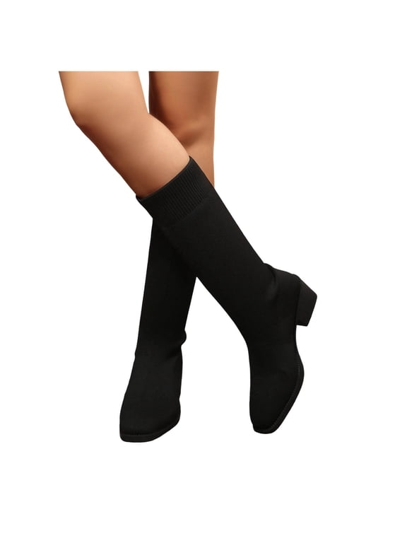 Womens Knit Mesh Mid-Calf Boots Y2k Vintage Trendy Round Toe Block Heel Straight Tall Boots Comfort Casual -on Slim Fit Booties Streetwear,Black,36(5.5)