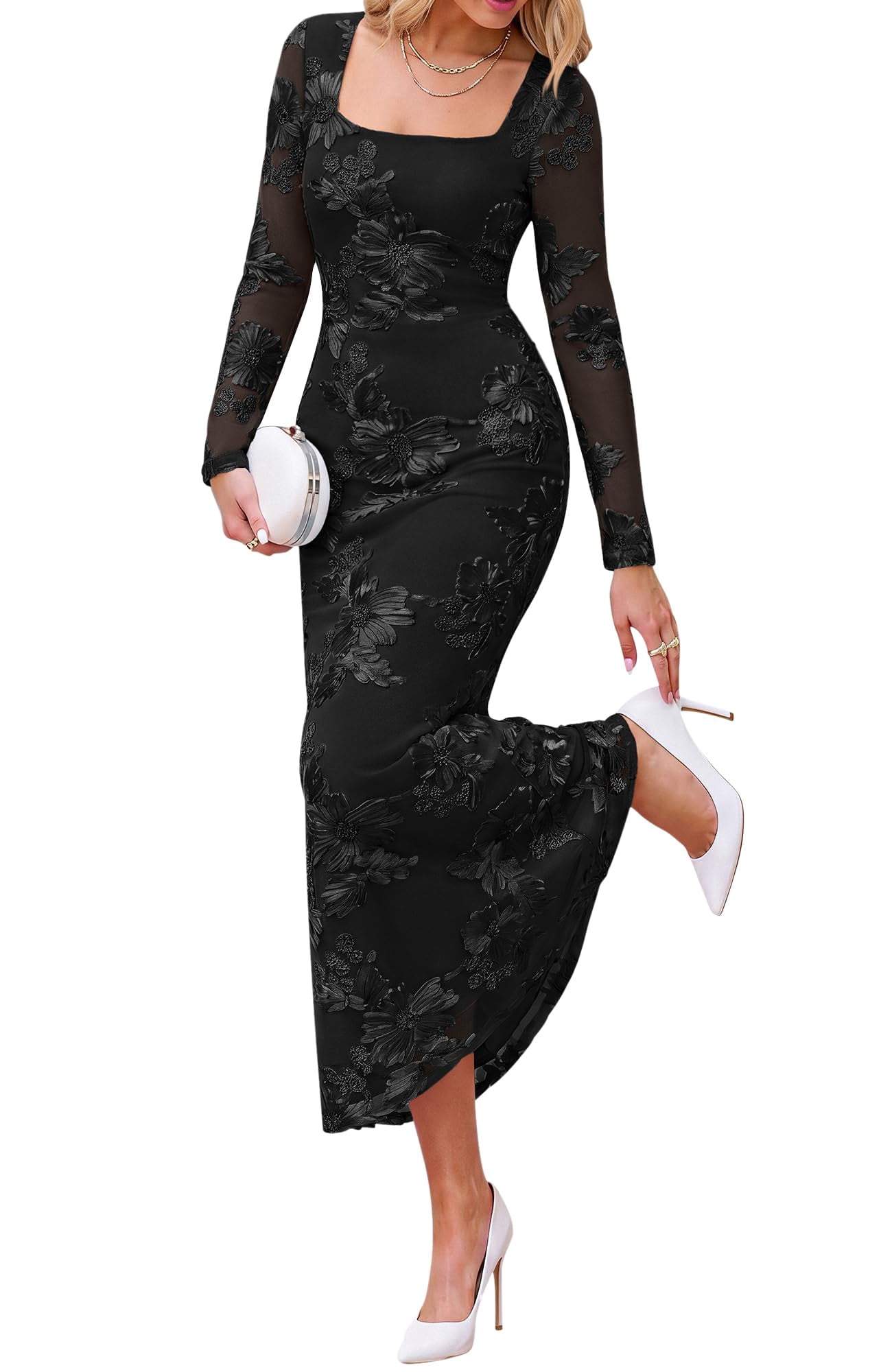 Y-Sunset Womens Long Sleeve Bodycon Floral Mesh Maxi Fall Wedding Guest Y-Sunset Womens Long Sleeve Bodycon Floral Mesh Maxi Fall Wedding Guest