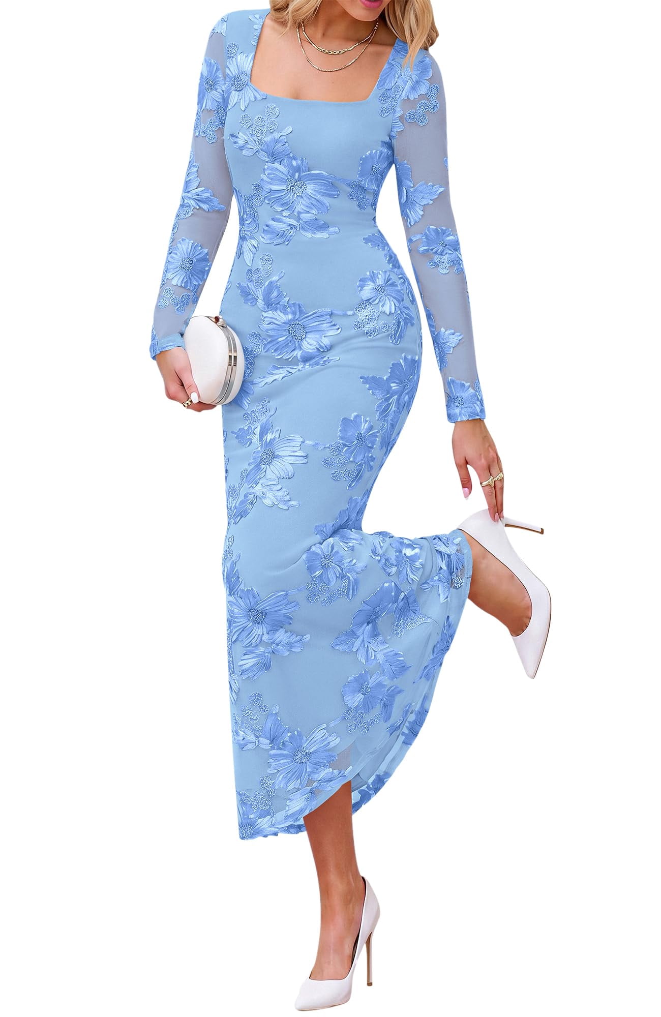 Y-Sunset Womens Long Sleeve Bodycon Floral Mesh Maxi Fall Wedding Guest Y-Sunset Womens Long Sleeve Bodycon Floral Mesh Maxi Fall Wedding Guest