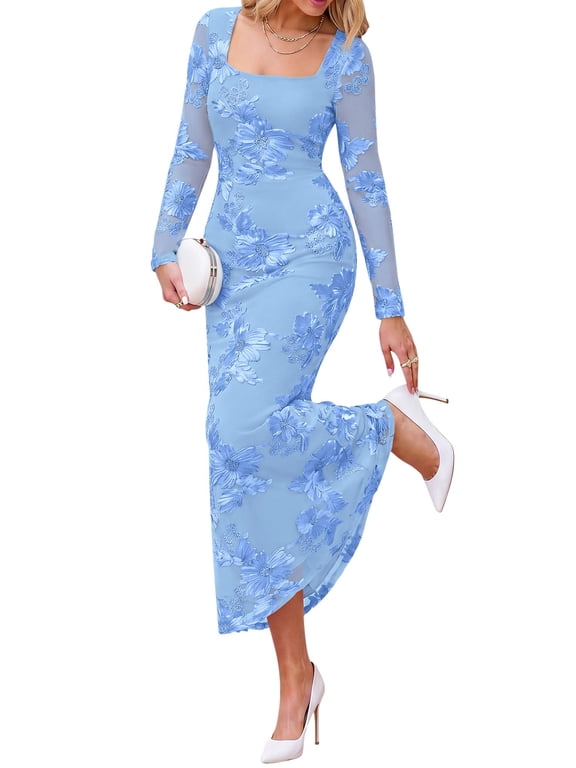 Womens Long Sleeve Bodycon Floral Mesh Maxi Fall Wedding Guest Dress Semi Formal Dresses For Bridal Shower, Engagement, , Homecoming, Prom, Birthday Party, Date Night Outfits, Lined